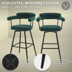 ML-Design Barkrukken Set 2 Draaibaar 76 Cm Donkergroen Teddy Stof Armleuning Voetsteun