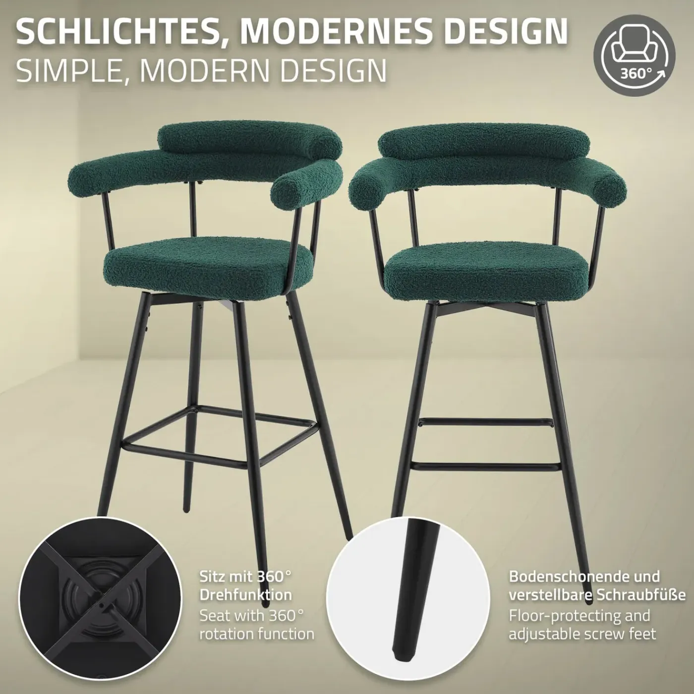 ML-Design Barkrukken Set 2 Draaibaar 76 Cm Donkergroen Teddy Stof Armleuning Voetsteun