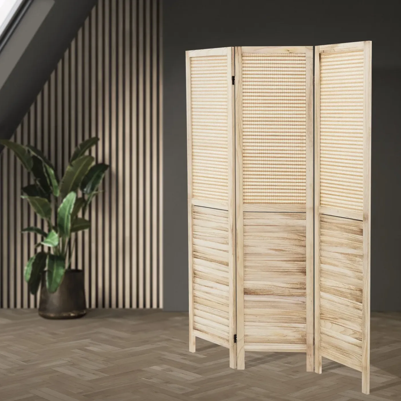 ML-Design Kamerscherm Osaka 3-delig 170x121cm Naturel Hout Opvouwbaar Vrijstaand Binnen