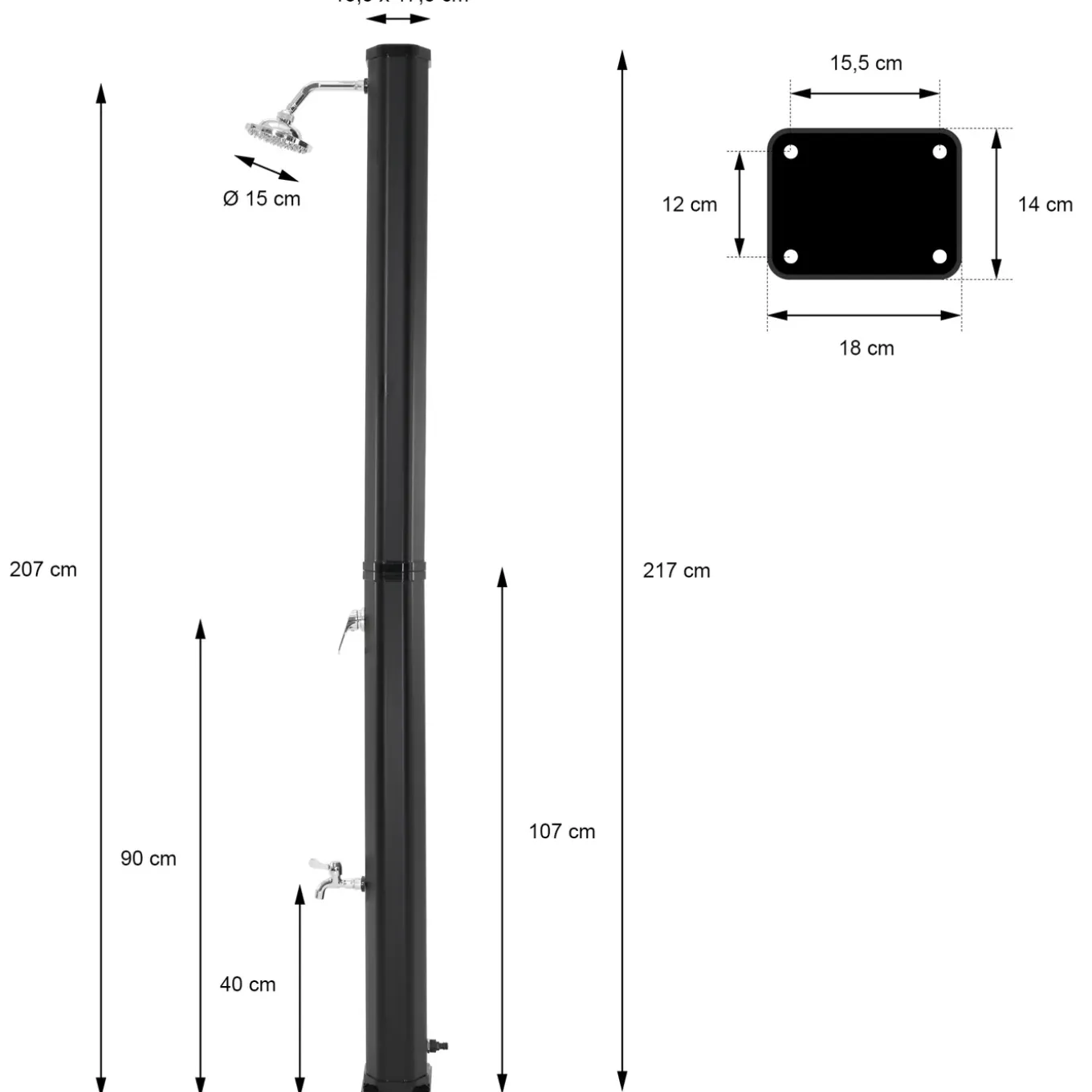 ML-Design Solar Douche 35L 217 Cm Met Voetdouche En Regendouchekop, Zilver-zwart