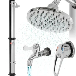 ML-Design Solar Douche 35 L 217cm Rond Met Voetdouche En Regendouchekop, Zilver-zwart