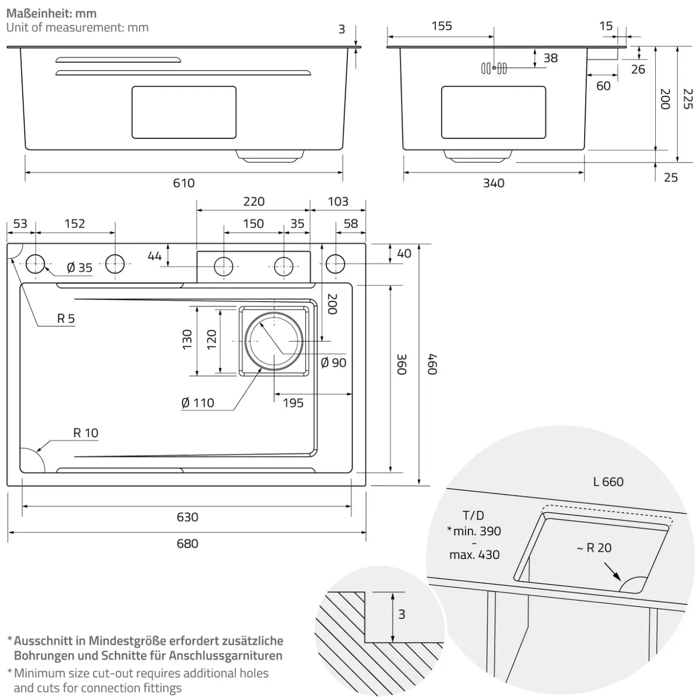 ML-Design spoelbak RVS 68x46 cm antraciet, multifunctionele keuken spoelbak rechthoekig