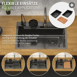 ML-Design spoelbak RVS 68x46 cm antraciet, multifunctionele keuken spoelbak rechthoekig