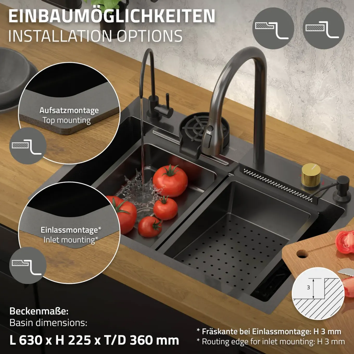 ML-Design spoelbak RVS 68x46 cm antraciet, multifunctionele keuken spoelbak rechthoekig
