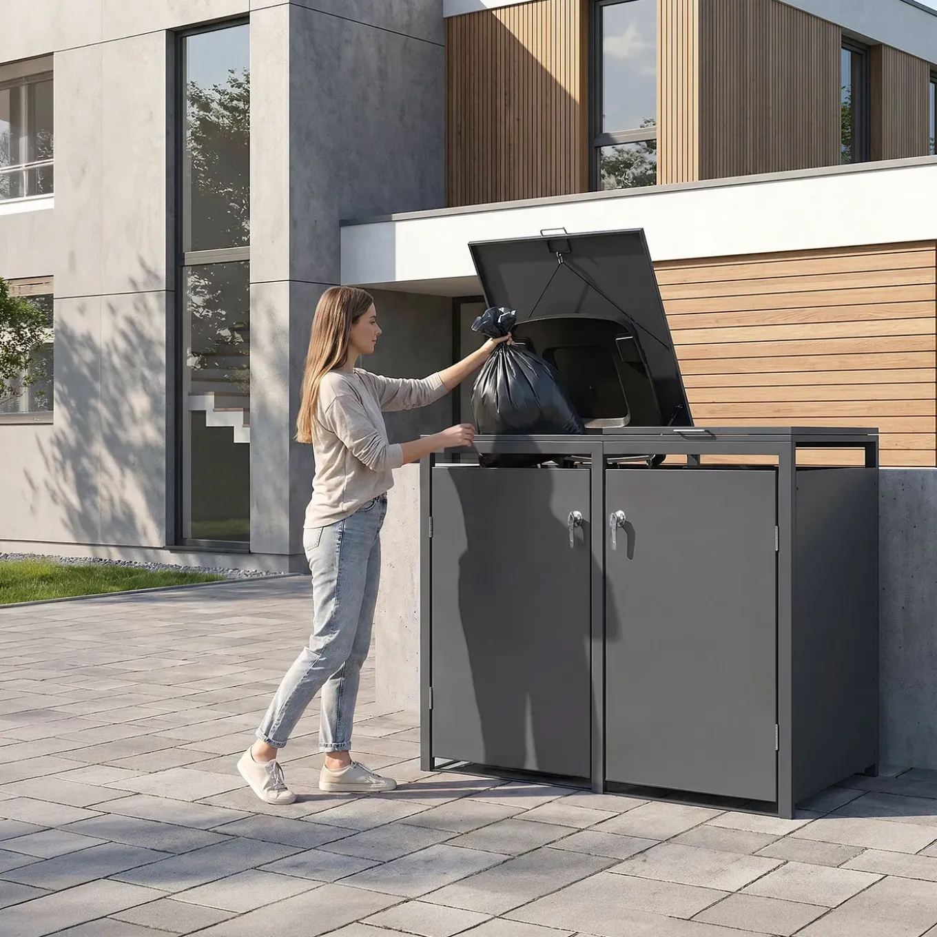 Ml-design Vuilnisbak Box 240l Voor 2 Afvalemmer 132x80x120 Cm Antraciet Staal