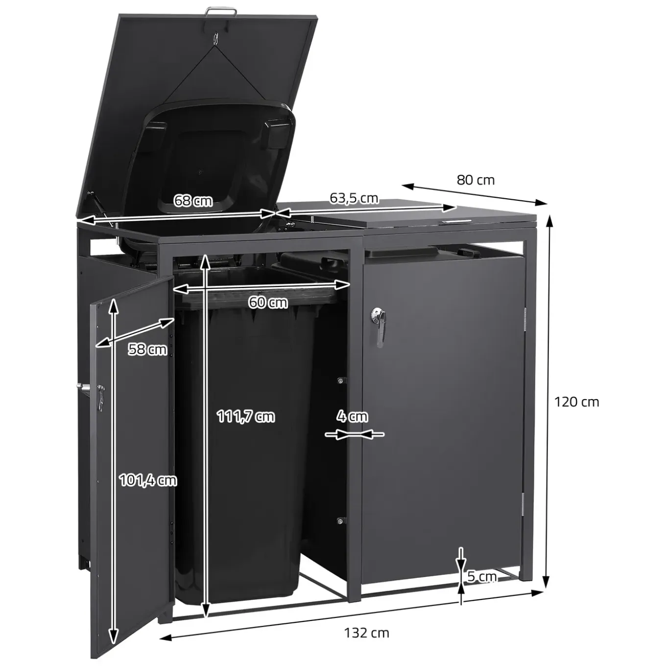 Ml-design Vuilnisbak Box 240l Voor 2 Afvalemmer 132x80x120 Cm Antraciet Staal