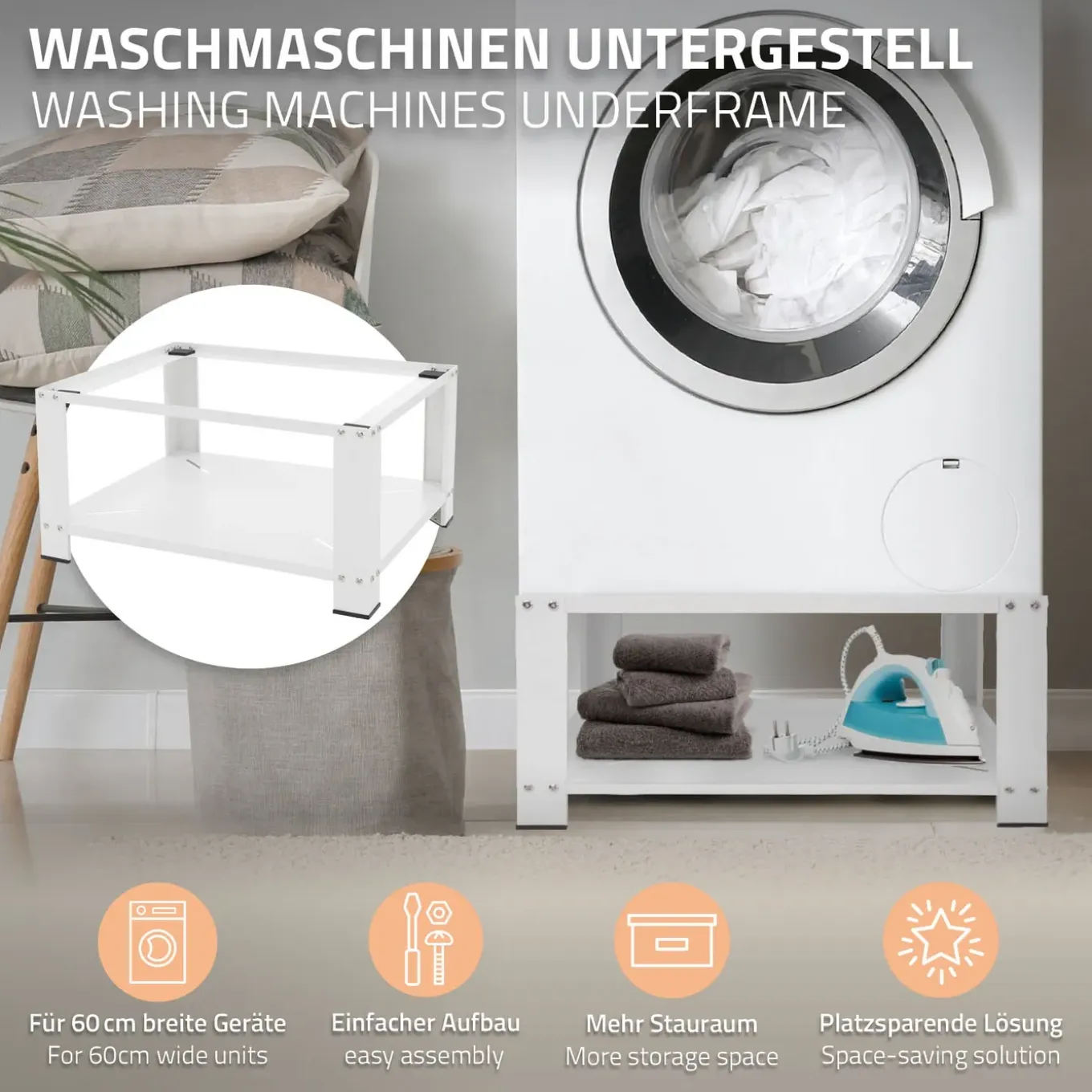 ML-Design wasmachine onderstel wit staal 63x54 cm stevig met plank 32 cm poten tot 150 kg