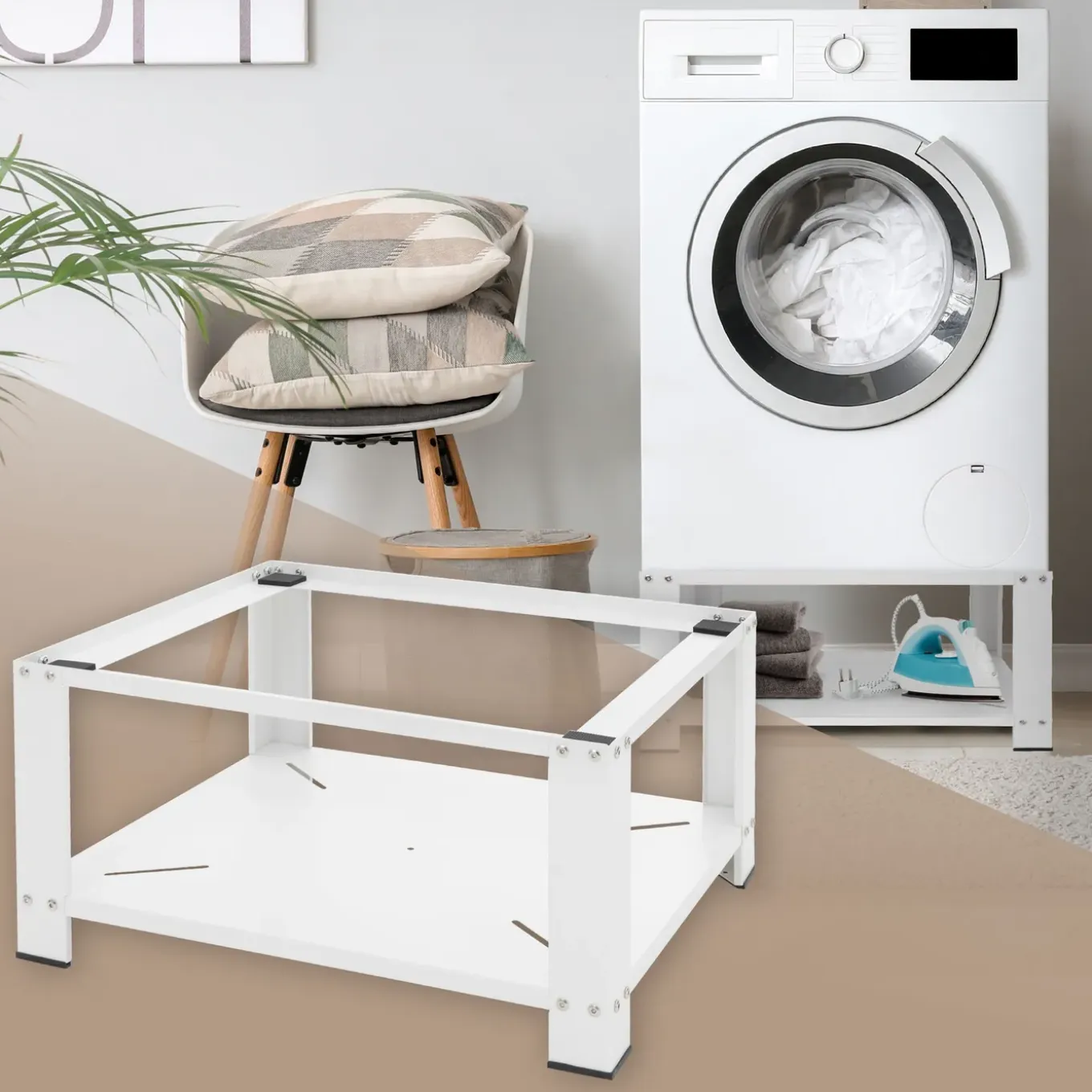 ML-Design wasmachine onderstel wit staal 63x54 cm stevig met plank 32 cm poten tot 150 kg