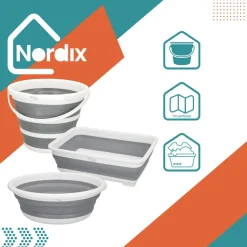 Nordix Opvouwbare Emmer Set Van 3 Afwasteil Camping Siliconen Sopemmer Grijs