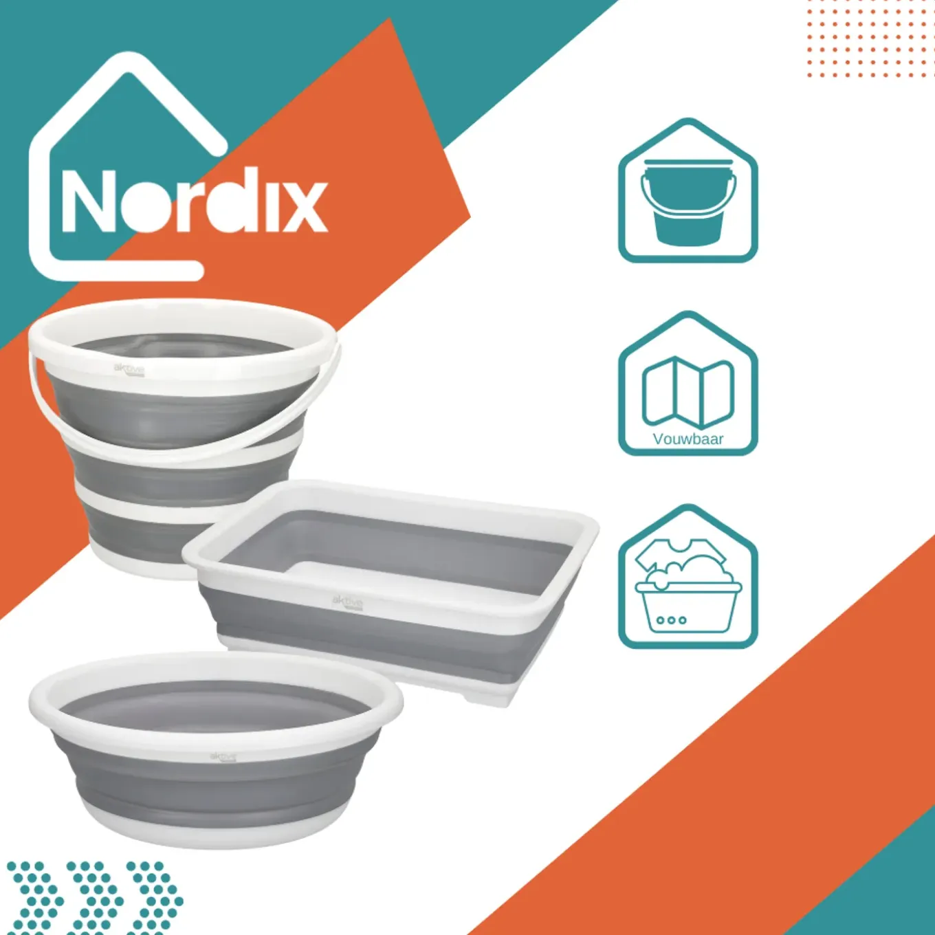 Nordix Opvouwbare Emmer Set Van 3 Afwasteil Camping Siliconen Sopemmer Grijs