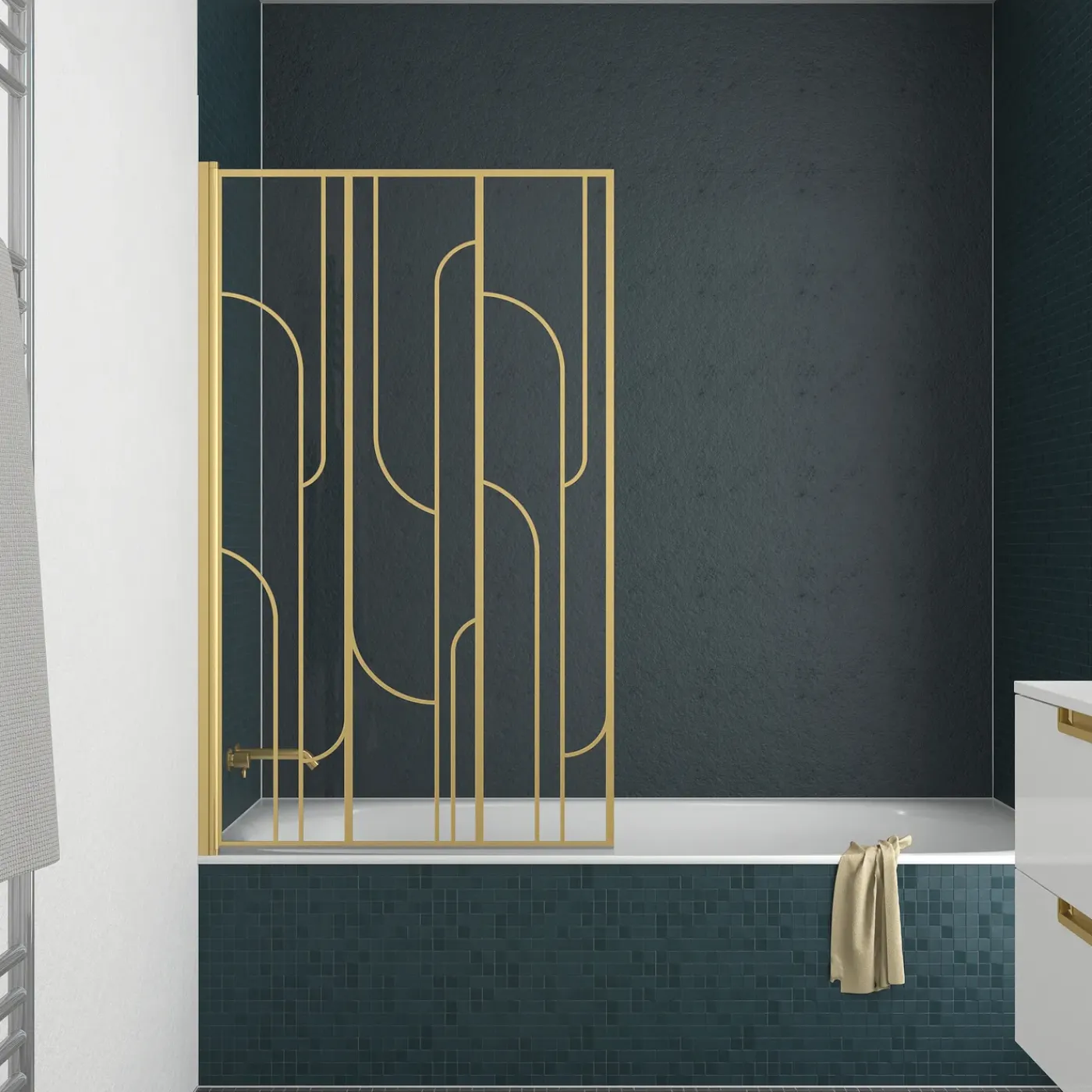 Aurlane Opvouwbare Badwand 80x140cm met Zeefdruk in Art Deco Stijl - Afwerking in Geborsteld Goud