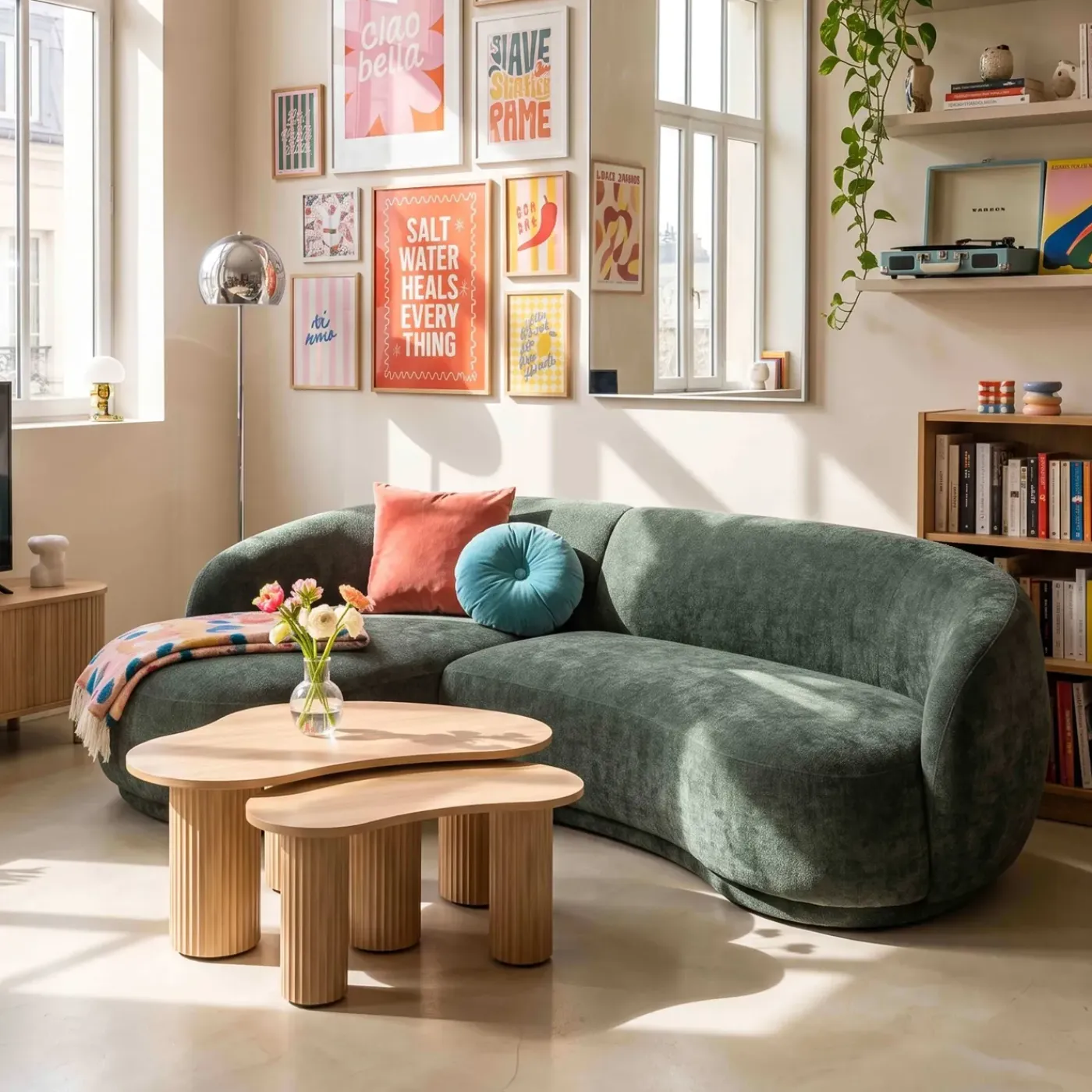 Oviala Harper Linkerhoekbank, 3-zits Met Chaise Longue, Groene Stof En Hout