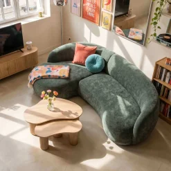 Oviala Harper Linkerhoekbank, 3-zits Met Chaise Longue, Groene Stof En Hout