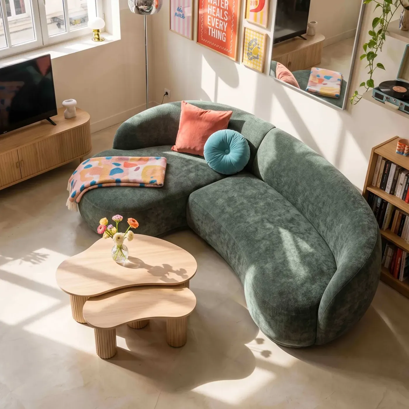 Oviala Harper Linkerhoekbank, 3-zits Met Chaise Longue, Groene Stof En Hout