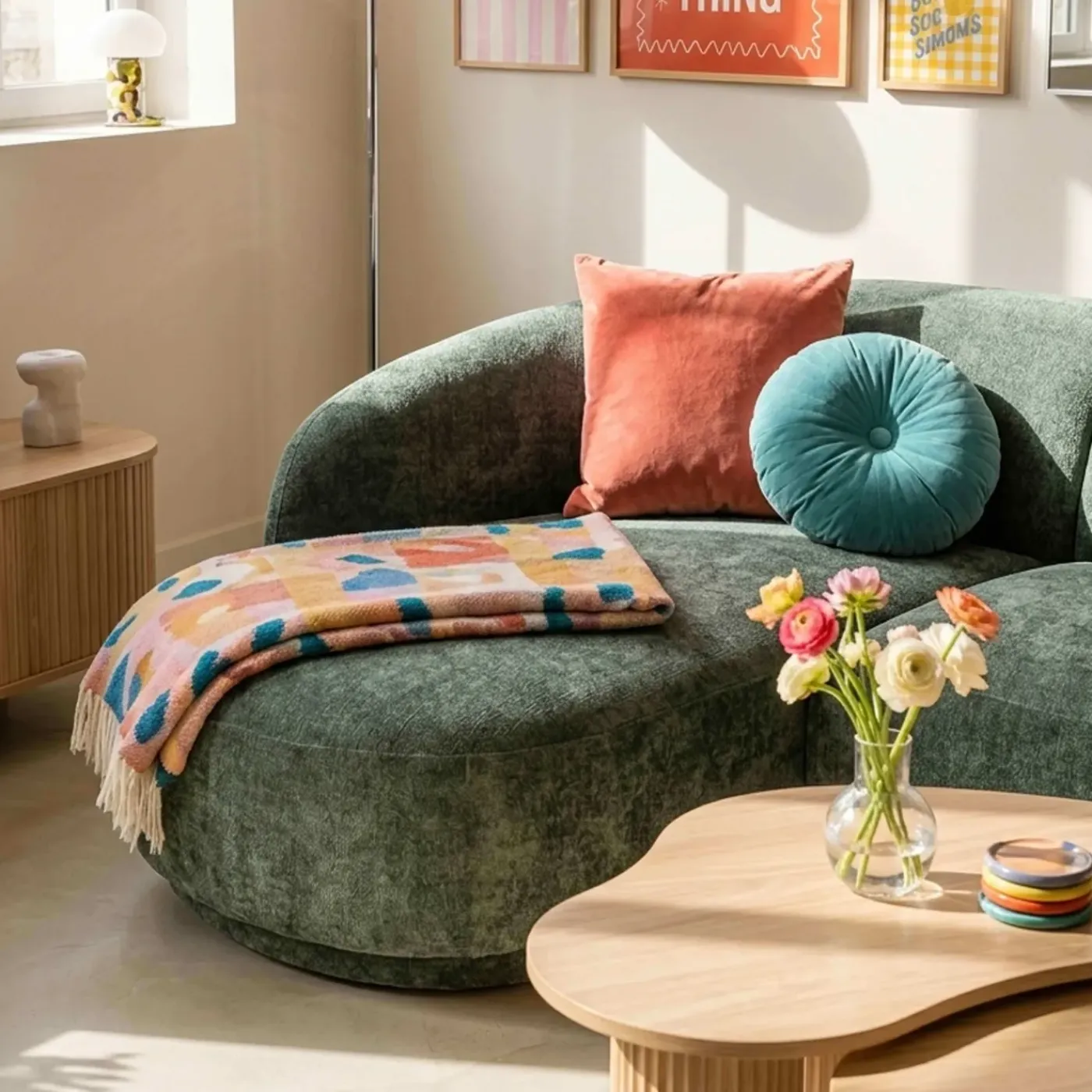 Oviala Harper Linkerhoekbank, 3-zits Met Chaise Longue, Groene Stof En Hout