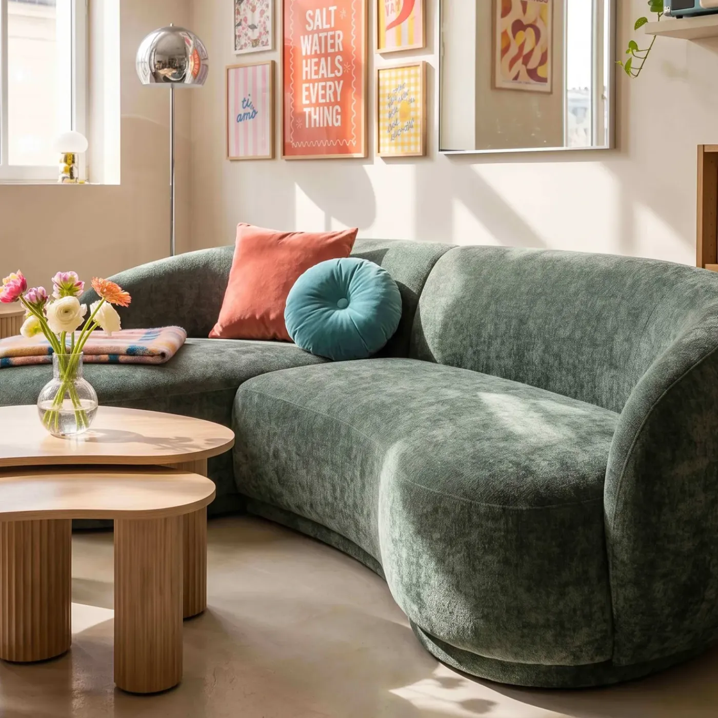 Oviala Harper Linkerhoekbank, 3-zits Met Chaise Longue, Groene Stof En Hout