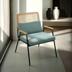 Oviala Relaxfauteuil In Staal Synthetisch Rotan En Stof Miley Groente