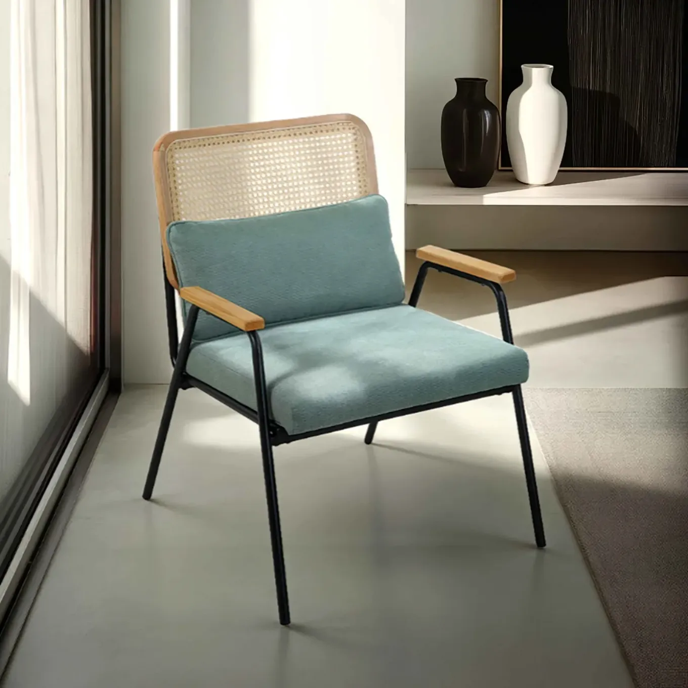 Oviala Relaxfauteuil In Staal Synthetisch Rotan En Stof Miley Groente