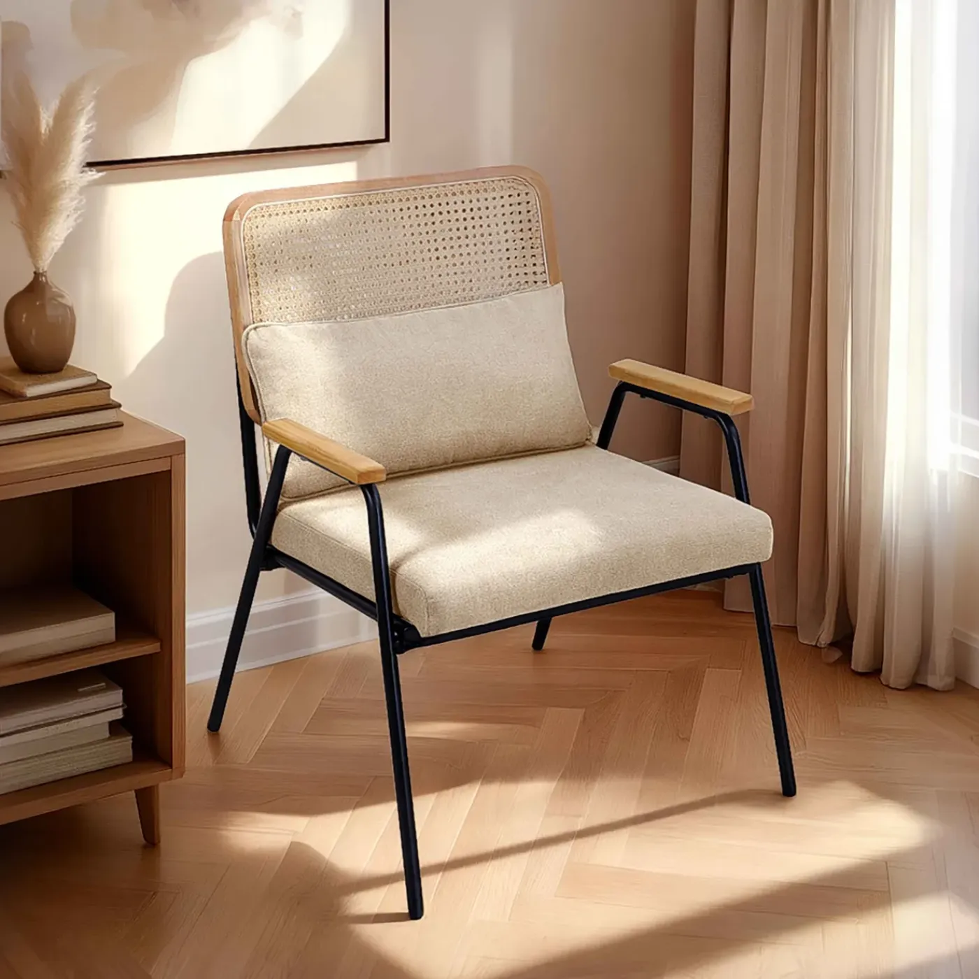 Oviala Relaxfauteuil In Staal Synthetisch Rotan En Stof Miley Ecru