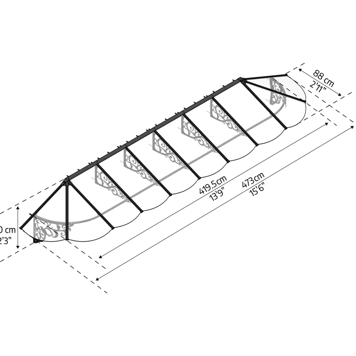 Palram | Canopia - Veranda- en deurluifel Lily - Helder - Zwart - 70x88x472cm