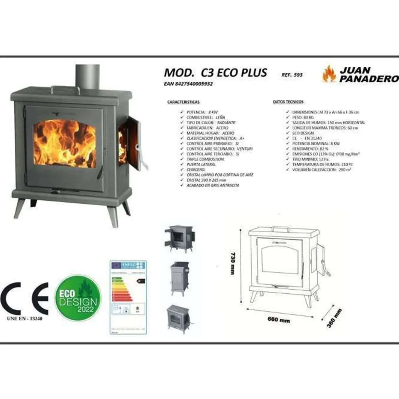 Panadero - Houtkachel C3 Four Plus - 8 Kw - Rendement 82% - Afmetingen 77 X 66 X 36 Cm