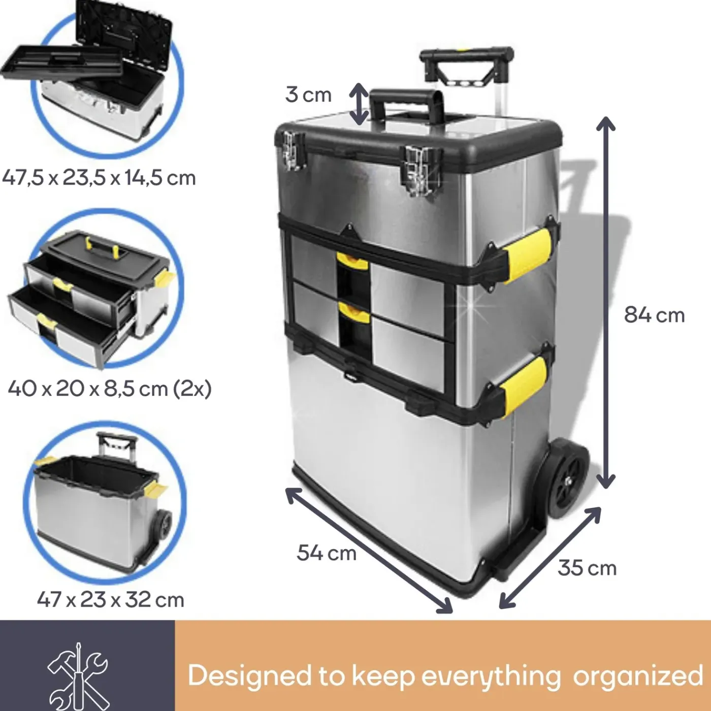Perel Gereedschapswagen 3-in-1, 57 X 35 X 83 Cm, Grijs, Polypropyleen