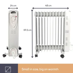 Perel 2500w Olieradiator Met 11 Ribben, 3 Warmtestanden, Instelbare Thermostaat, 24 X 48 X 59.5 Cm,