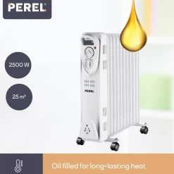 Perel 2500w Olieradiator Met 11 Ribben, 3 Warmtestanden, Instelbare Thermostaat, 24 X 48 X 59.5 Cm,
