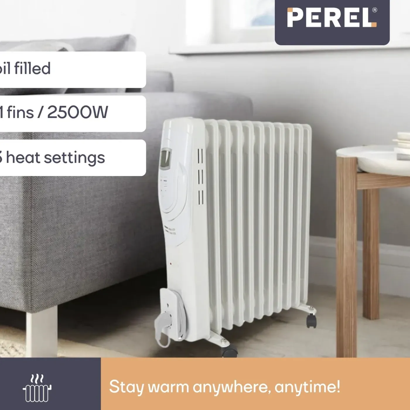 Perel 2500w Olieradiator Met 11 Ribben, 3 Warmtestanden, Lcd-display, 24 X 48 X 62.5 Cm, 2500 W, Wi