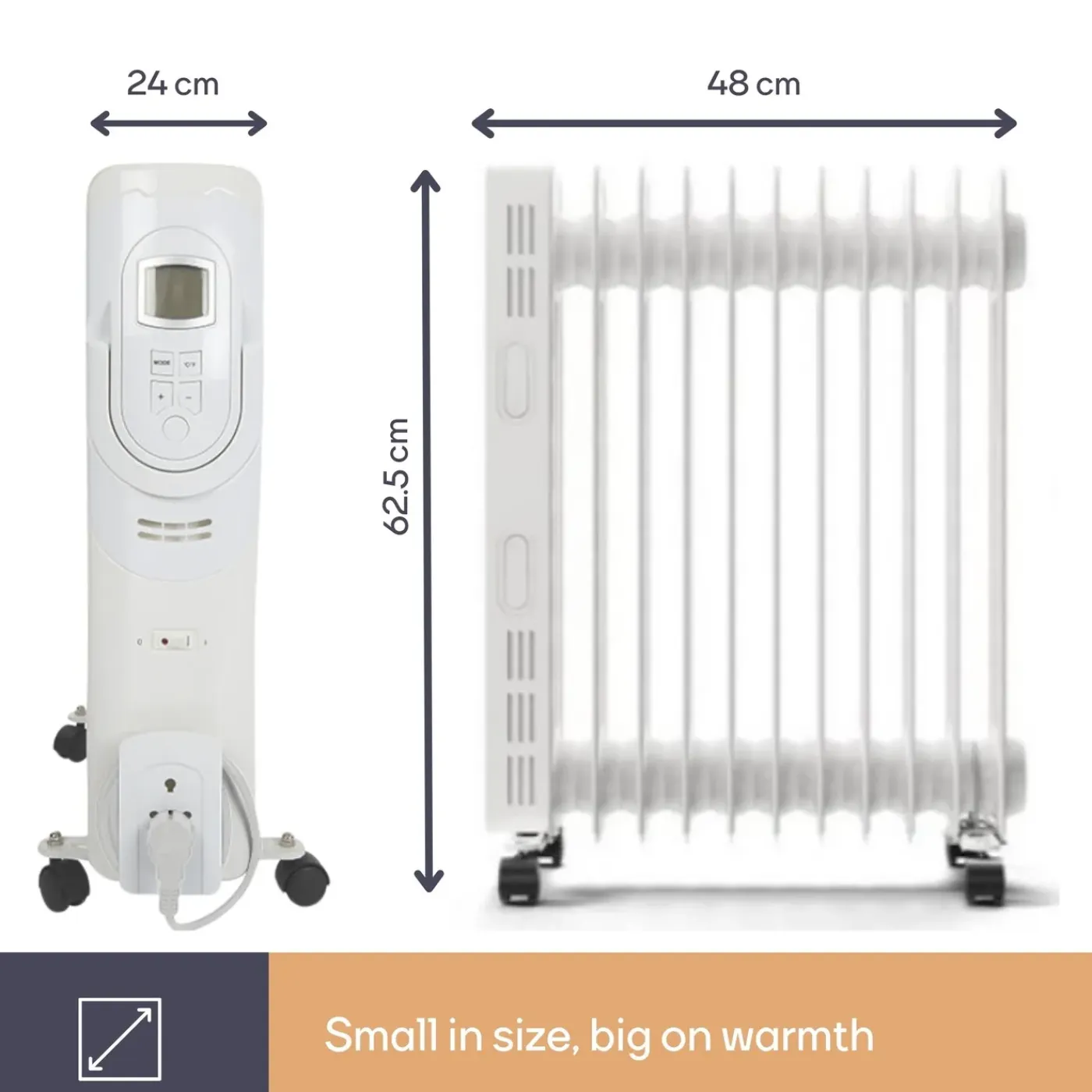 Perel 2500w Olieradiator Met 11 Ribben, 3 Warmtestanden, Lcd-display, 24 X 48 X 62.5 Cm, 2500 W, Wi