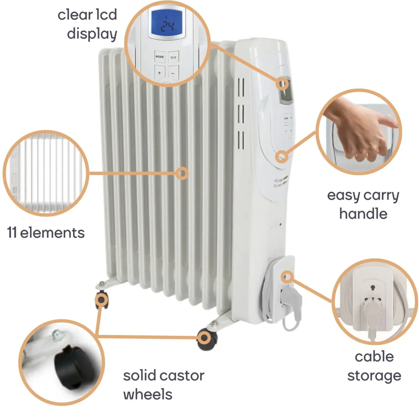 Perel 2500w Olieradiator Met 11 Ribben, 3 Warmtestanden, Lcd-display, 24 X 48 X 62.5 Cm, 2500 W, Wi