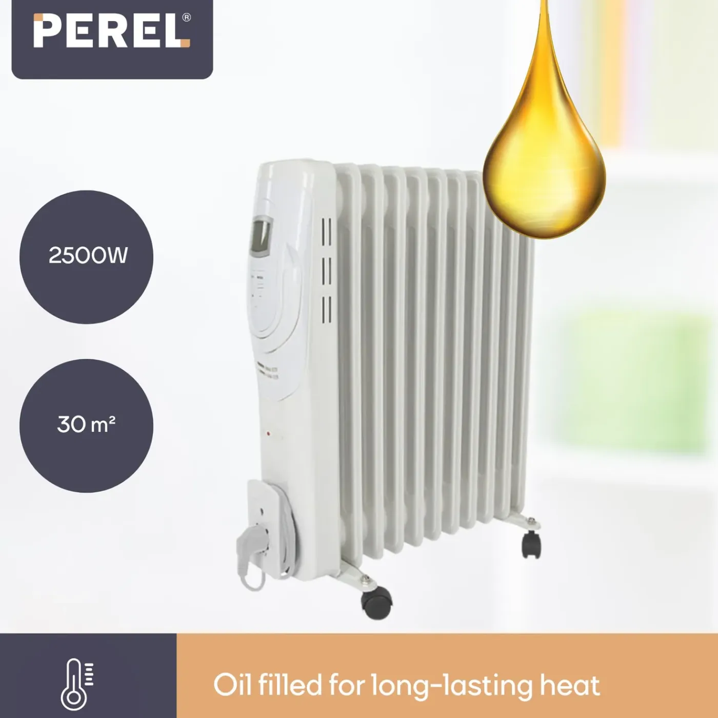 Perel 2500w Olieradiator Met 11 Ribben, 3 Warmtestanden, Lcd-display, 24 X 48 X 62.5 Cm, 2500 W, Wi
