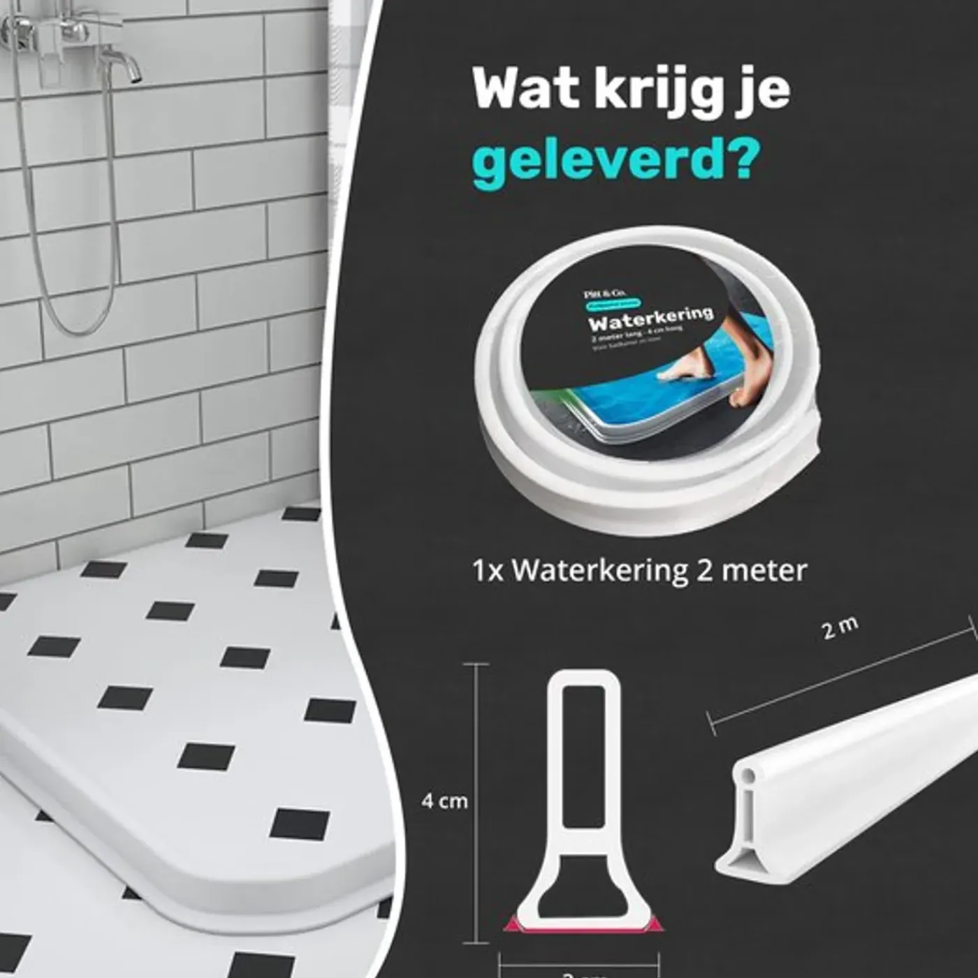 Pitt & Co. Waterkering Douche Zelfklevend – Waterstopper - 200 cm x 3cm x 4cm – Wit