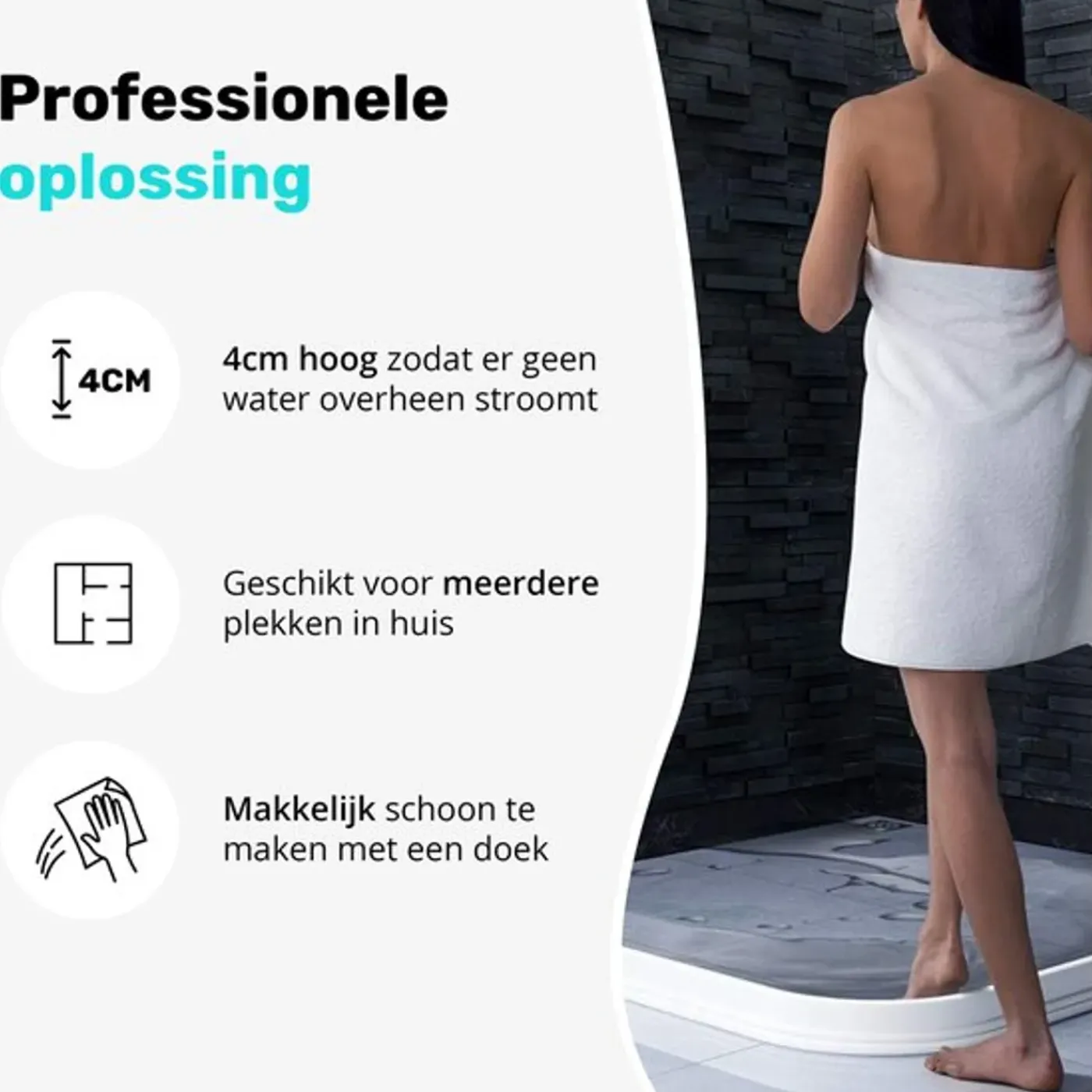 Pitt & Co. Waterkering Douche Zelfklevend – Waterstopper - 200 cm x 3cm x 4cm – Wit