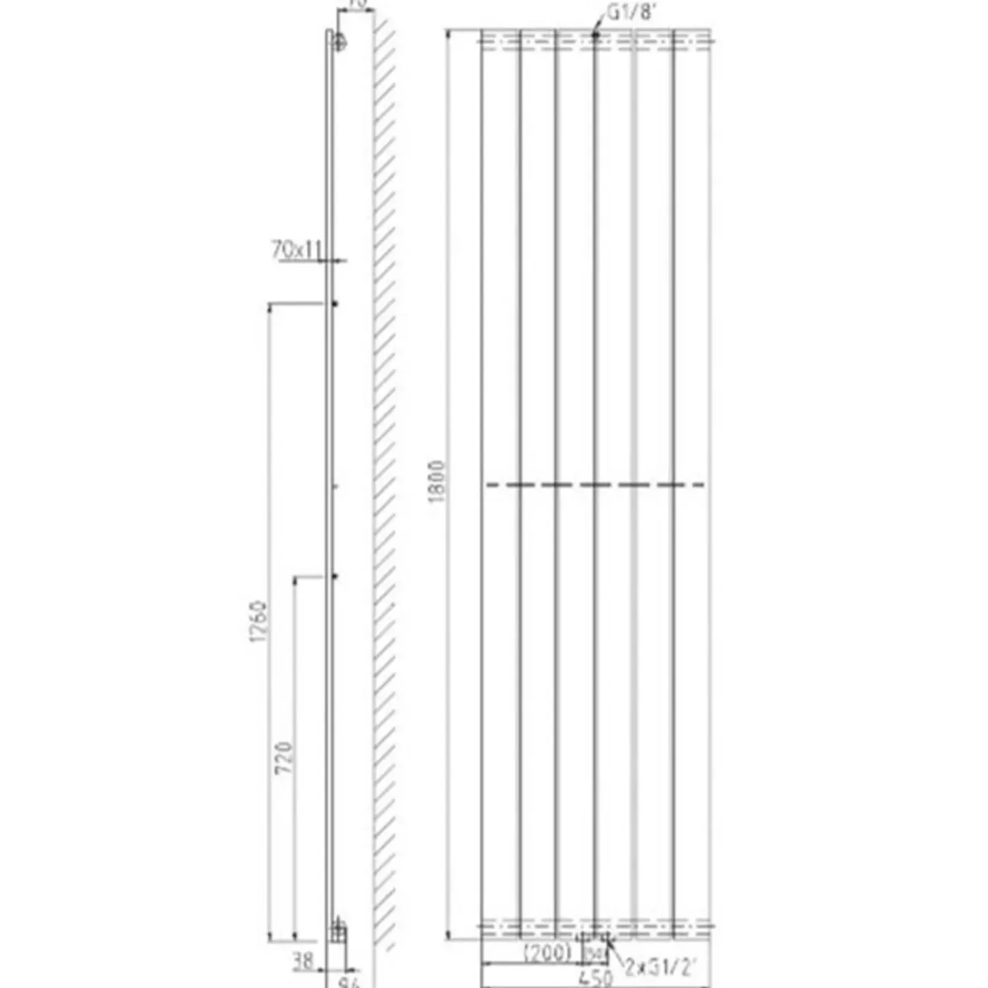Plieger Cavallino Retto Designradiator Verticaal Enkel Middenaansluiting 1800x450mm 910w Wit