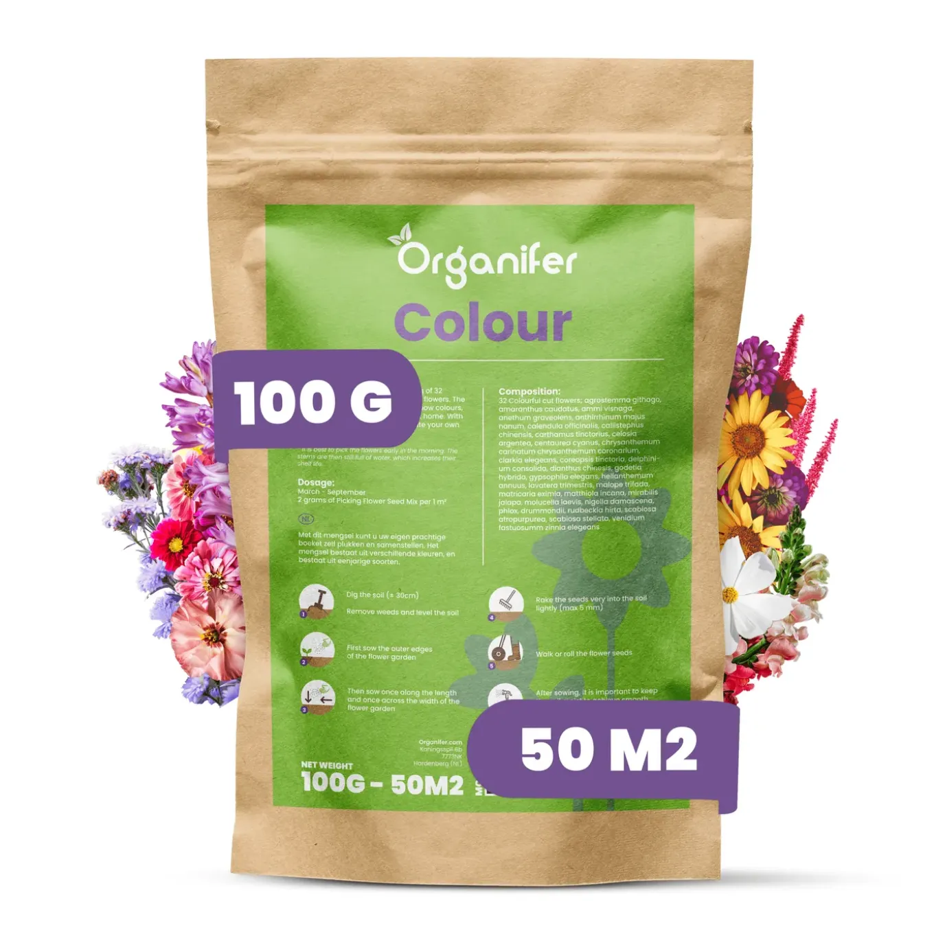 Plukbloemen Mengsel - Colour - 32 Soorten Snijbloemen - 100 G Voor 50 M2 - Organifer