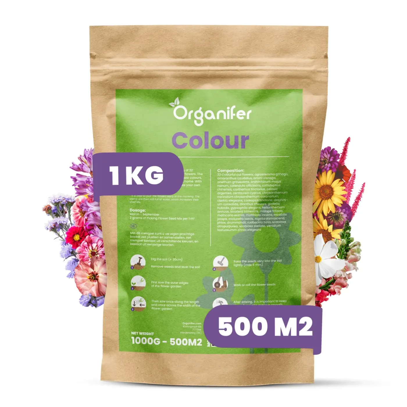 Organifer Plukbloemen Mengsel - Colour - 32 Soorten Snijbloemen - 1 Kg Voor 500 M2 -