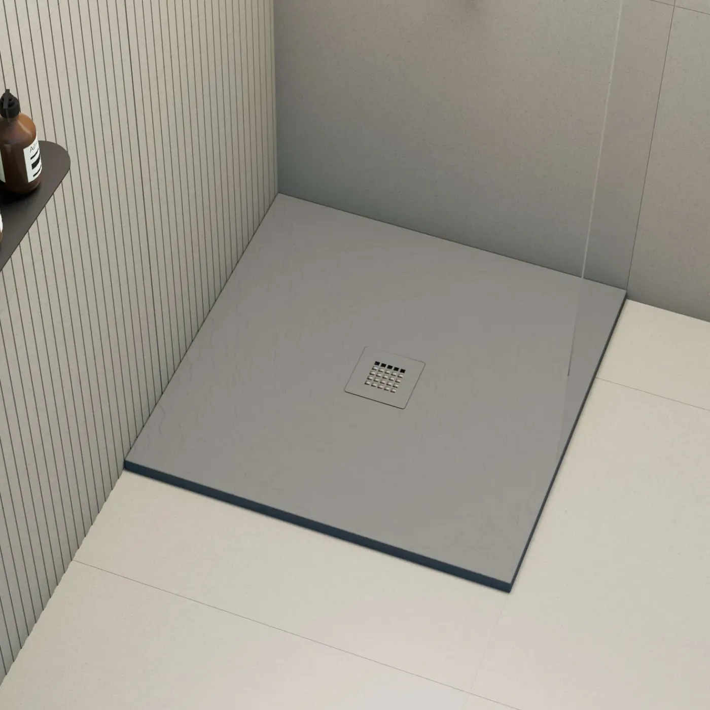 POALGI - Douchebak Extra Plat Antislip - Serie Hos's - Cement - 90x90 Cm - Textuur Leisteen