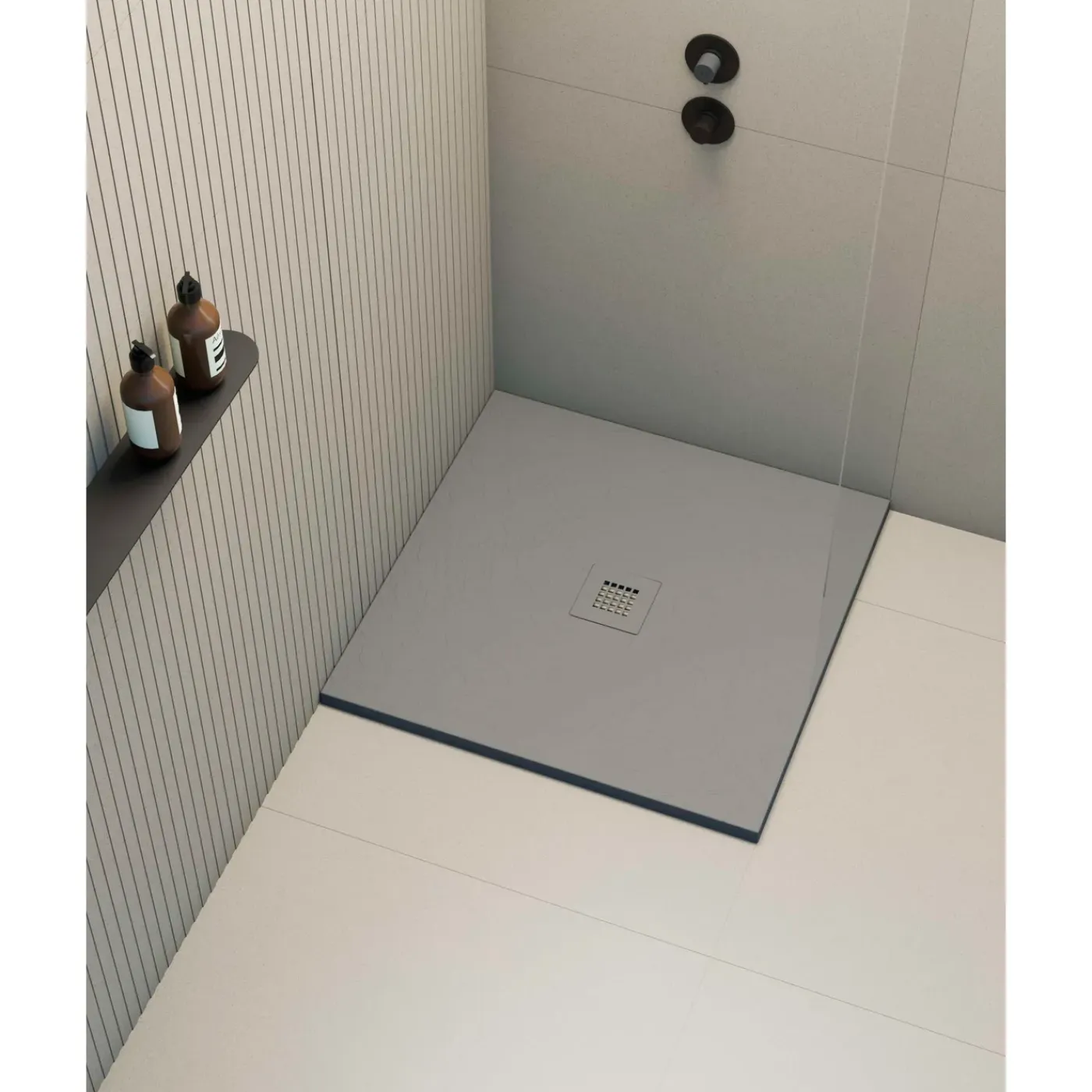 POALGI - Douchebak Extra Plat Antislip - Serie Hos's - Cement - 90x90 Cm - Textuur Leisteen