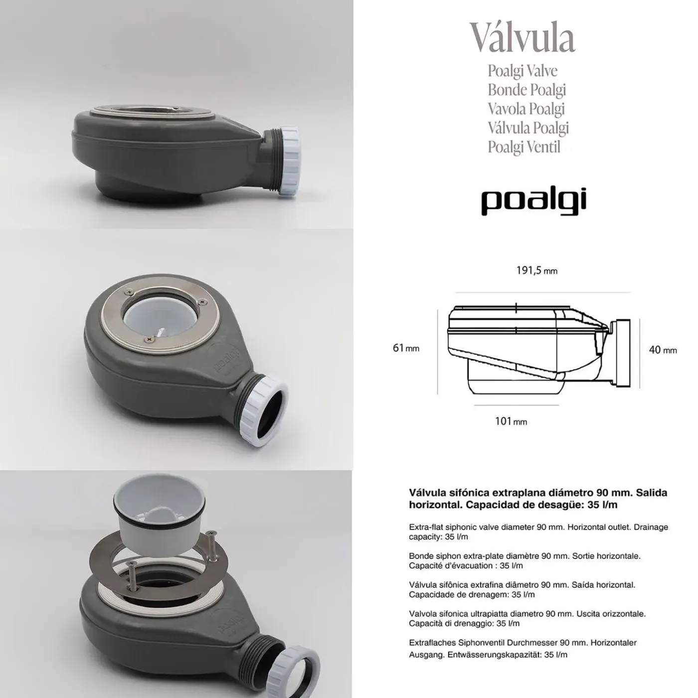 POALGI - Douchebak Extra Plat Antislip - Serie Hos's - Cement - 90x90 Cm - Textuur Leisteen