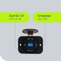 Proride - Usb Autolader - 2 Poorten - Qc3.0 18w - Voltmeter - Schakelaar - 12v - Ip54