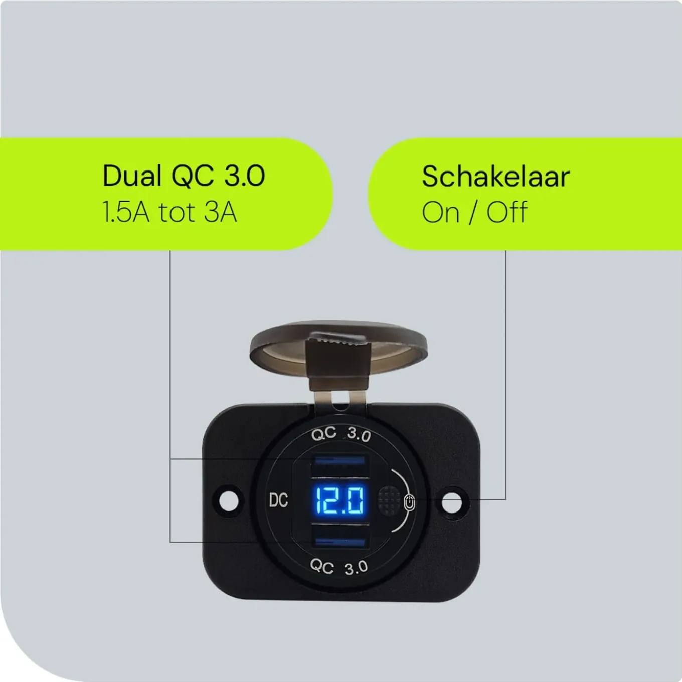 Proride - Usb Autolader - 2 Poorten - Qc3.0 18w - Voltmeter - Schakelaar - 12v - Ip54