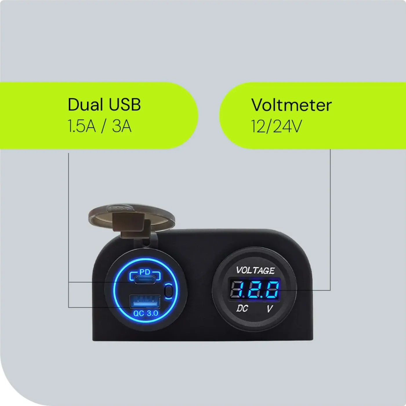 ProRide - Usb/usb-c Snellader - 2 Poorten - Qc3.0 18w - Voltmeter - Schakelaar - 12v