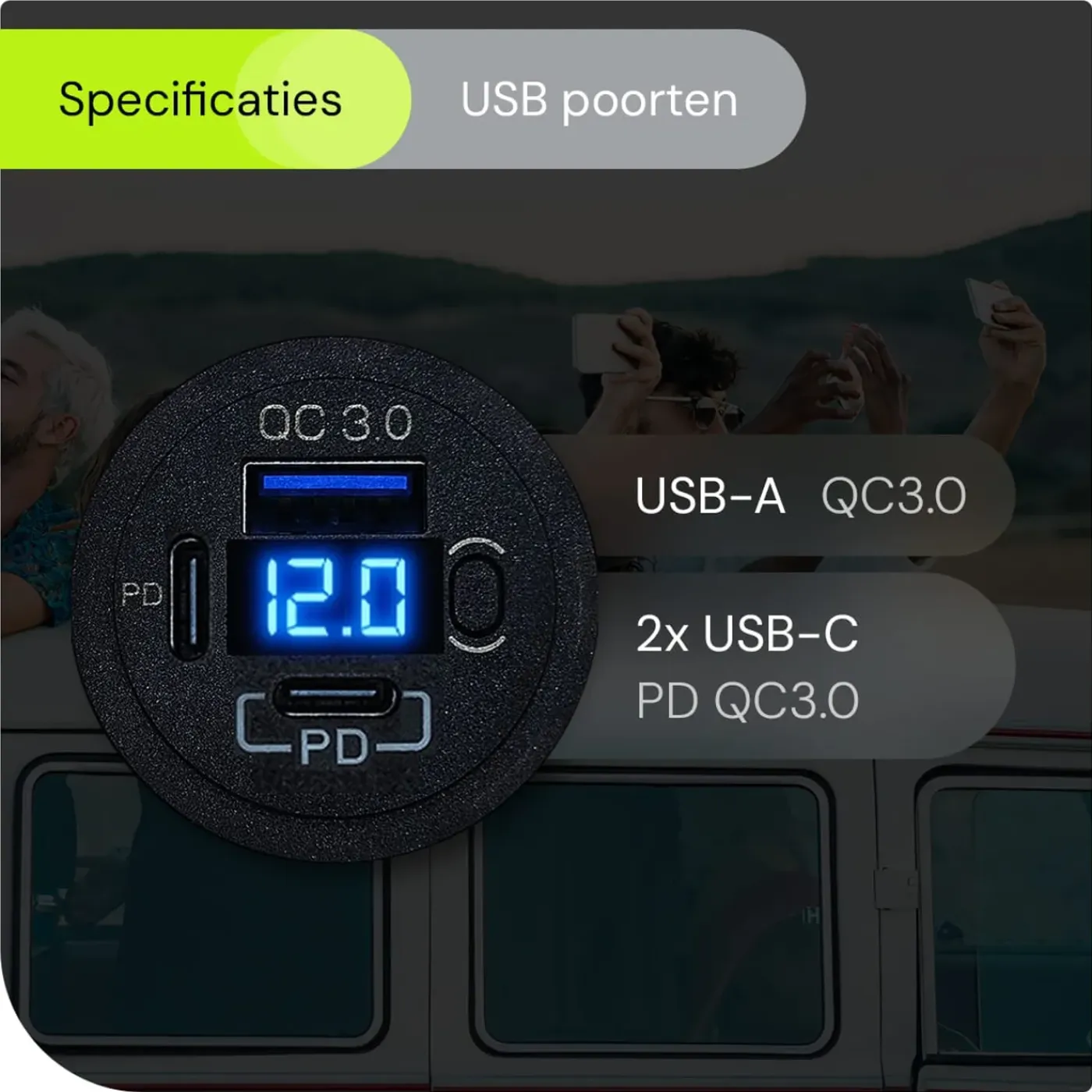 Overig Proride - Usb/usb-c Snellader - 3 Poorten - Qc3.0 18w - Voltmeter - Schakelaar - 12v