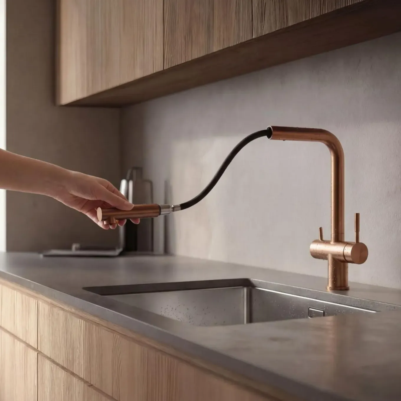 Pure.sink Elite Steel Clear-s Pvd Koper 3-weg Keukenkraan Met Uittrekbare Uitloop En Gefilterd Water