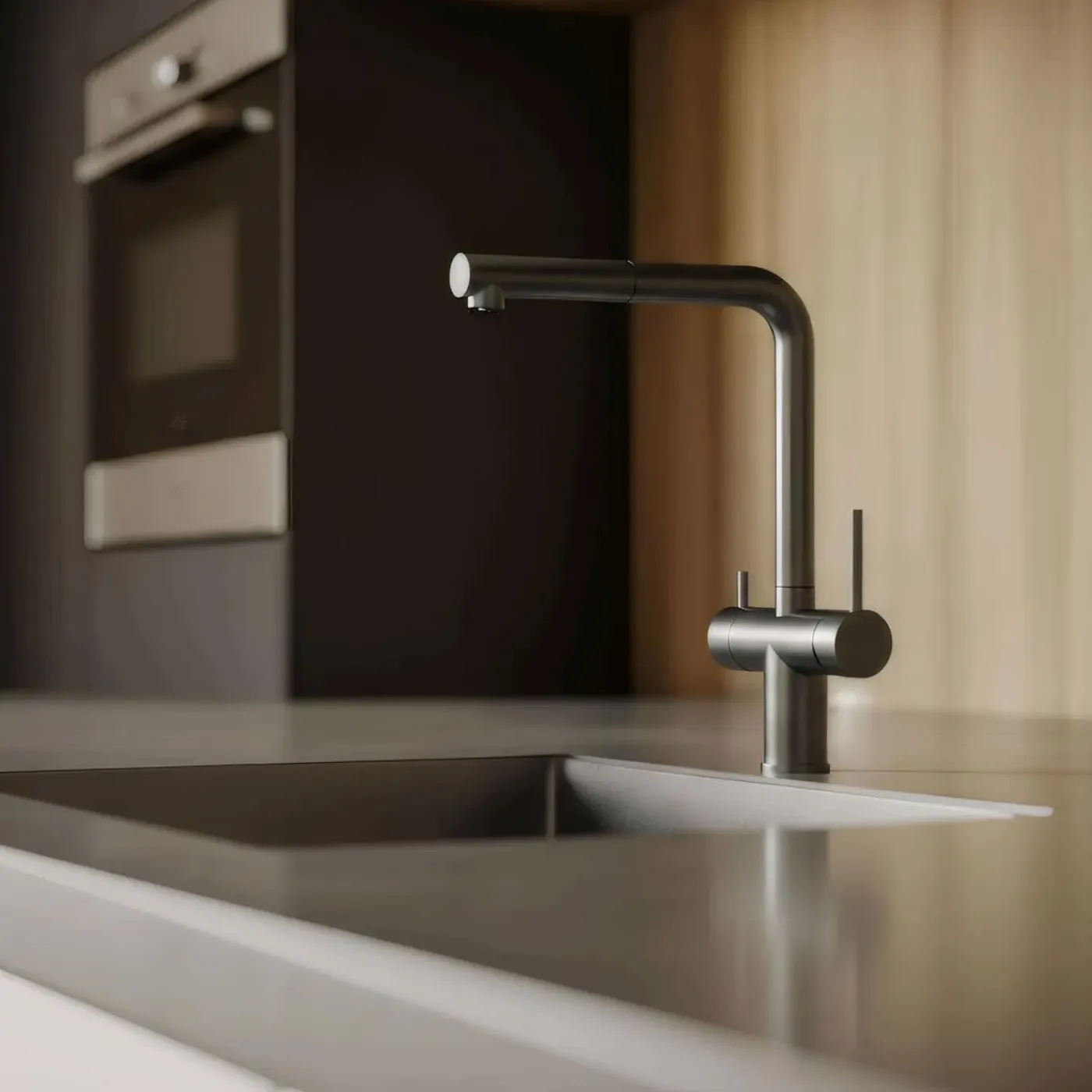 Pure.Sink Elite Steel Clear-s Pvd Gun Metal 3-weg Keukenkraan Met Uittrekbare Uitloop En Gefilterd