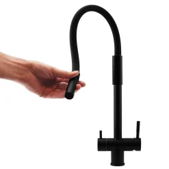Pure.sink Elite Steel Flex 3-weg Mat Zwarte Keukenkraan Met Flexibele Uitloop En Gefilterd Water