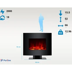 PURLINE Elektrische Haard- 2000w- Zwart Gehard Glas- Met Voet En Afstandsbediening