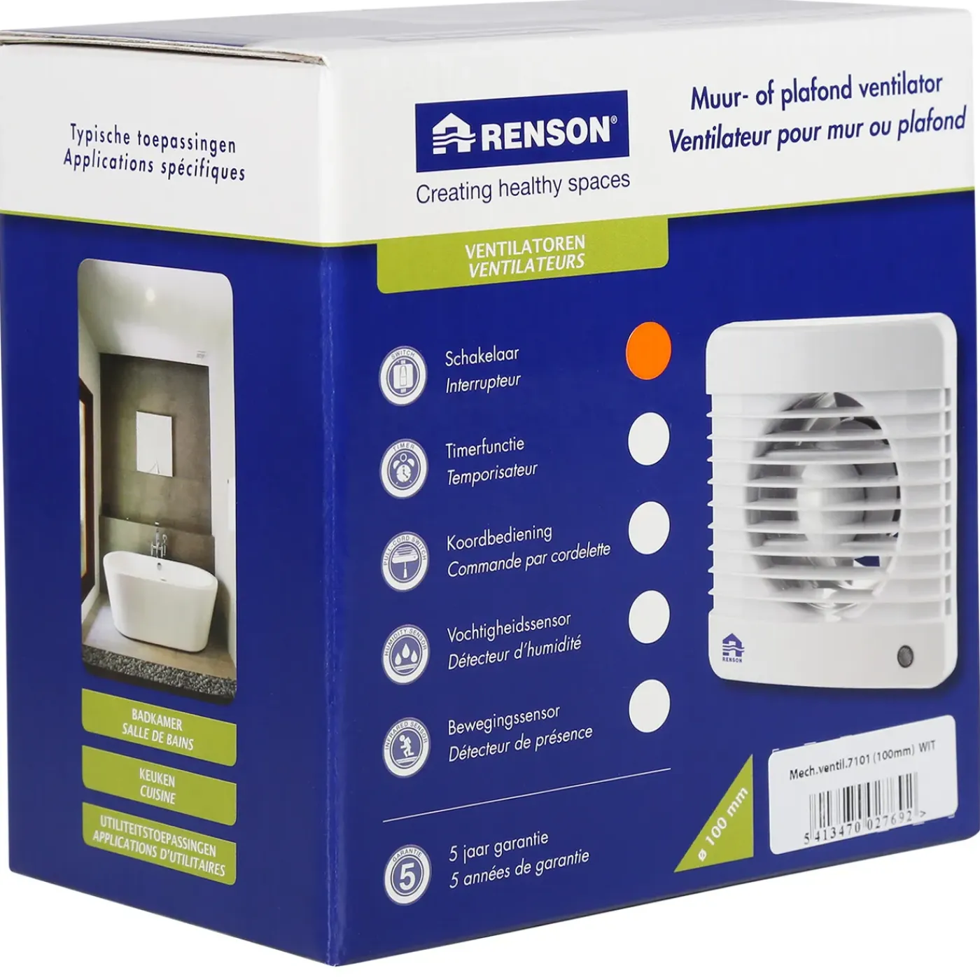Renson badkamerventilator 7101 Ø100mm wit