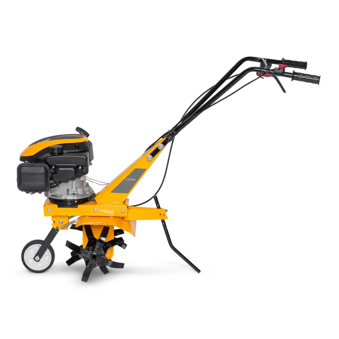 Overig Roterende tuinfrees met 123 cc benzinemotor, 36 cm werkbreedte en 12 cm werkdiepte, uitgerust met 4 metalen rotoren en 1 transportwiel vooraan.